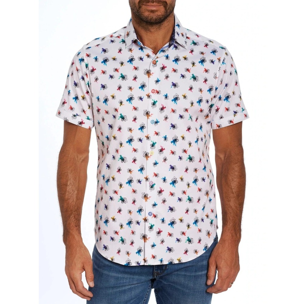 Robert Graham Calamari White Octopus Print Short Sleeve Button Up Shirt Size L